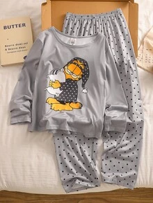 GARFIELD | SHEIN Tween Girl Fashionable Cute Pattern Print Long Sleeve Top & Pants Comfortable Milk Silk Fabric Loungewear Set - Grey - View 1