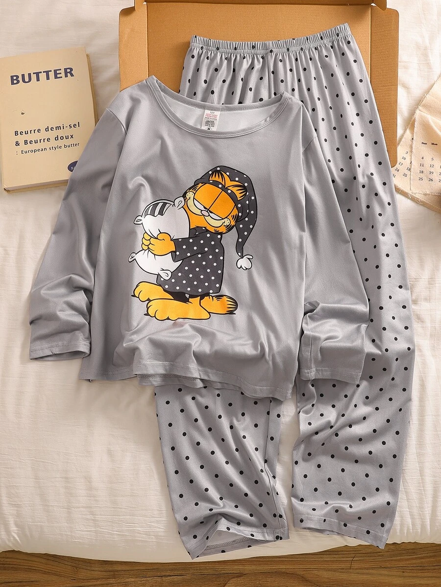 GARFIELD | SHEIN Tween Girl Fashionable Cute Pattern Print Long Sleeve Top & Pants Comfortable Milk Silk Fabric Loungewear Set - Grey - View 1