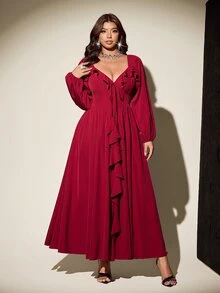 Viva Relle Plus Size French Romantic Ruffle Trim Dress, Princess Style For Party - Burgundy - View 4