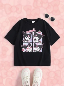 HELLO KITTY AND FRIENDS | SHEIN تي شيرت كاجوال يومي بأكمام قصيرة بطبعة حروف كرتونية للبنات المراهقات - الأسود - مشاهدة 1
