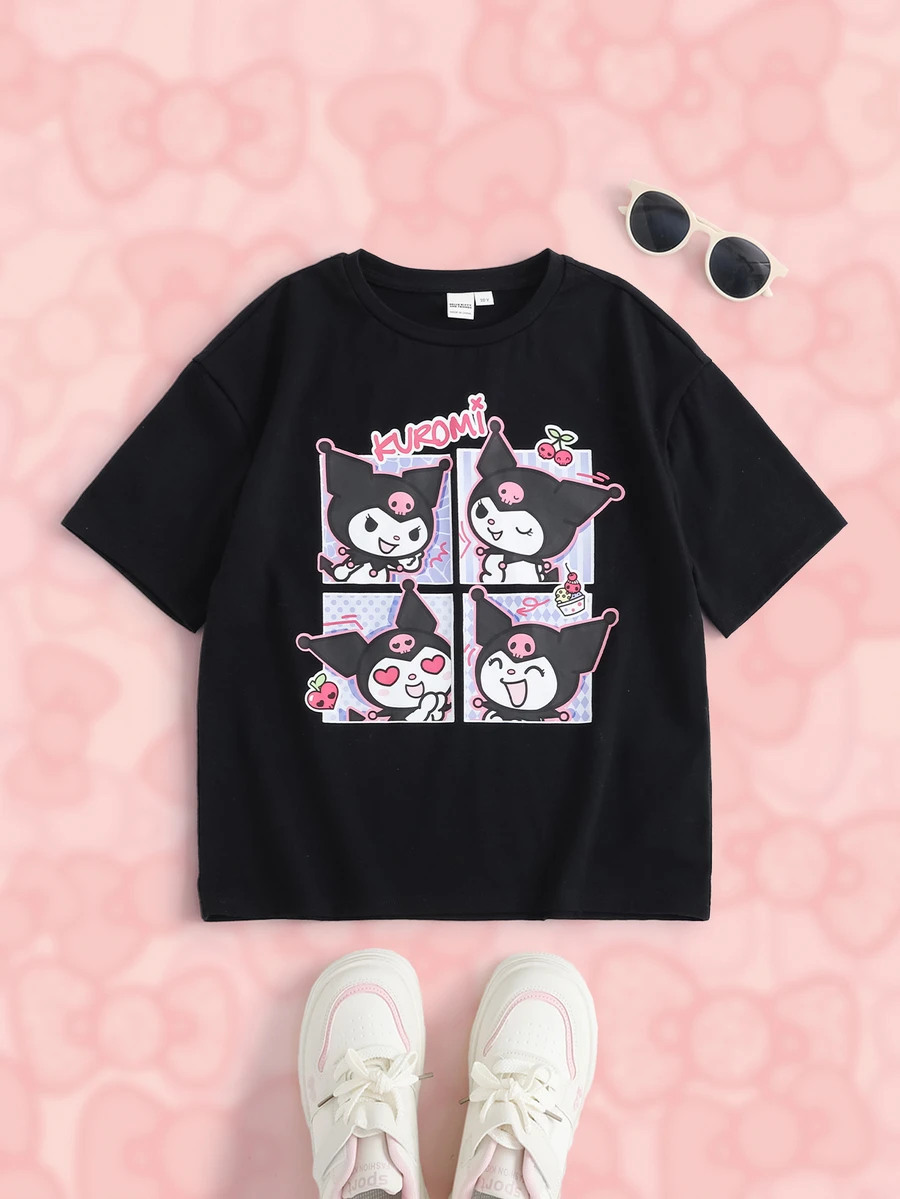 HELLO KITTY AND FRIENDS | SHEIN تي شيرت كاجوال يومي بأكمام قصيرة بطبعة حروف كرتونية للبنات المراهقات - الأسود - مشاهدة 1