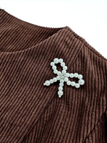 GlowEve Corduroy Small Round Neck Slit Pearl Bow Decor Exquisite Autumn/Winter Women's Short Dress - Coffee Brown - View 3