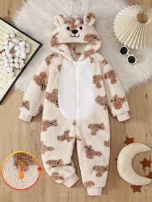 Autumn/Winter Thermal Lined Double-Sided Plush Young Boy Jumpsuit, Cute Bear Print With Hat, Bear Embroidery Zipper Long Sleeve Long Hooded Jumpsuit Set, Loungewear - Multicolor - View 4