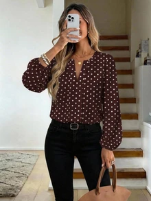 SHEIN LUNE 休閒簡約女款V領棕色波點襯衫，適合秋季 - 彩色 - 查看 1