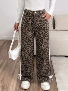 SHEIN 女童豹紋牛仔寬鬆長褲 側邊織帶綁帶設計 2026秋冬款 可愛Y2K百搭 萬聖節新年穿搭 - 棕色 - 查看 3