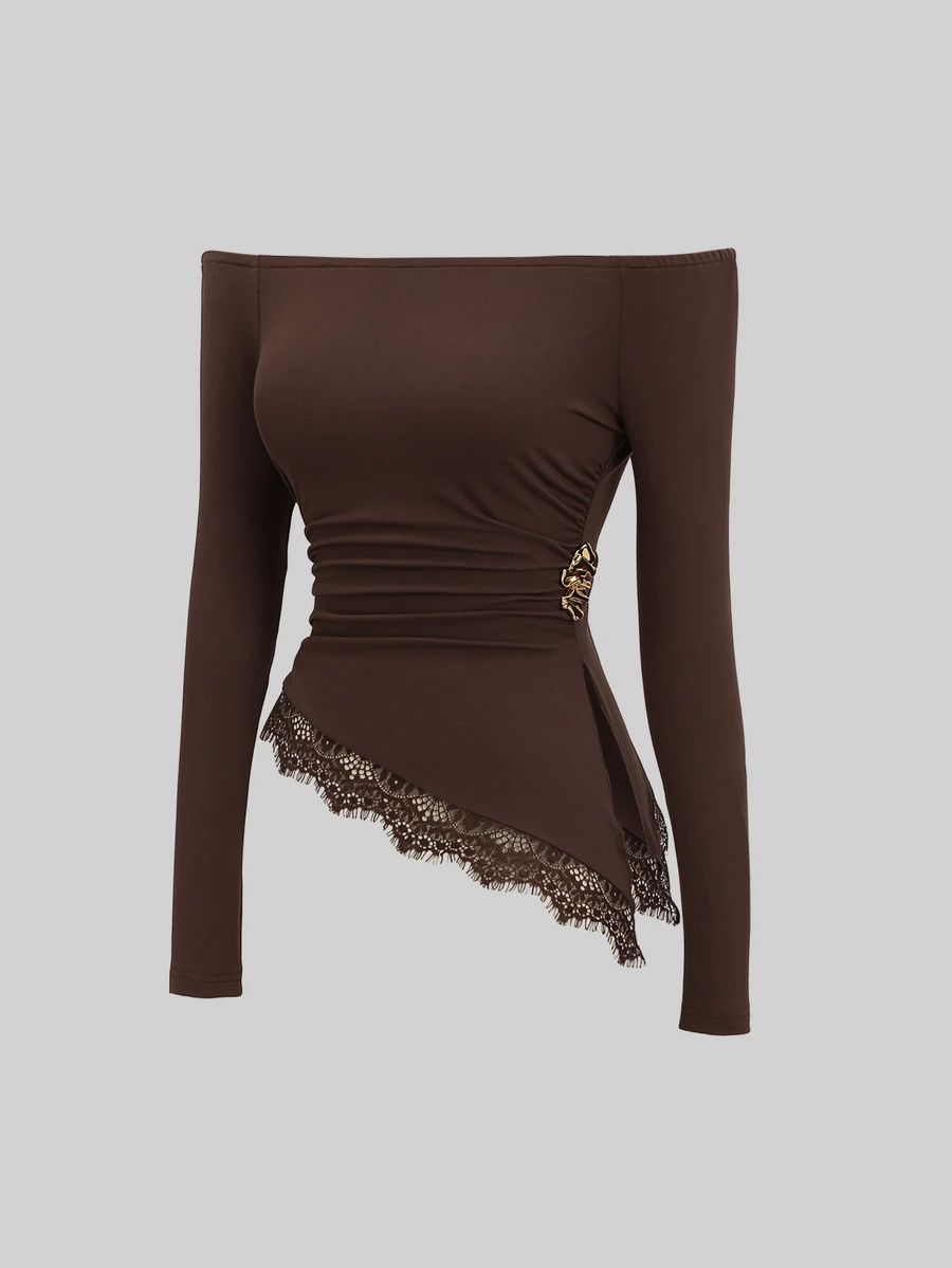 Sweetra Women's Autumn/Winter Off-Shoulder Long Sleeve Top With Split Hem, Lace Trim And Metal Decor Design T-Shirt - Coffee Brown - View 1