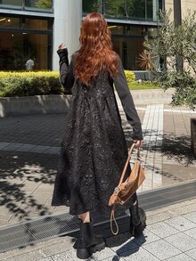 FRIFUL Women's Autumn Textured Fabric Cinched Waist Sleeveless Long Dress - Black - View 2