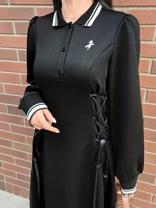 FRIFUL Women's Autumn Long Dress With Waist Drawstring Tie - Black - View 3