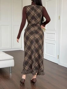 DAZY Women's Fashionable Elegant Plaid Dress With Frayed Hem - Brown - View 2
