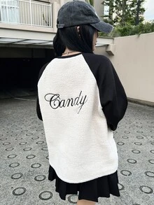 FRIFUL Women's Back Embroidery Contrast Color Long Sleeve Sweatshirt For Vacation And Travel Fall - Black and White - View 3