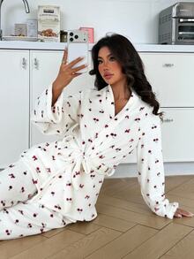 ZzzCrew Women's Cherry Bow Print Open Front Adjustable Waist Soft Flannel Pajama Set, Comfortable Skin-Friendly Medium-Thick Cute Casual Loungewear For Home And Outdoor Wear, Autumn/Winter - Red and White - View 5