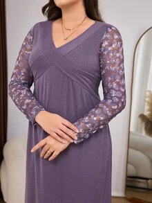 Lacomfia Gaun Wanita Lengan Panjang Model V-Neck Sederhana, Pas Badan, Kasual, untuk Sehari-hari di Rumah, Ukuran Plus - Purple - View 4