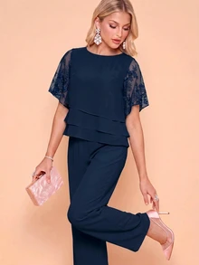 Amorya Women's Elegant Casual Commute Floral Embroidered Mesh Patchwork Shirt Pants 2 Pieces Set Wedding Party Cocktail Formal Navy Blue Summer - Navy Blue - View 5