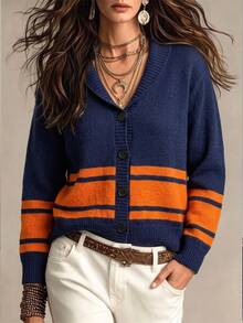 SHEIN Textured Personalized Contrast Color Cardigan Casual Knit Sweater Jacket - Royal Blue - View 3