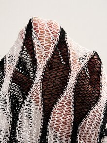 Bohemela Women's Vintage Street Style Colorblock Hollow Knit Cardigan - Black and White - View 12