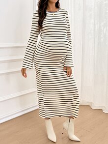 SHEIN Maternity Autumn Casual Striped Side Slit Dress - White - View 7