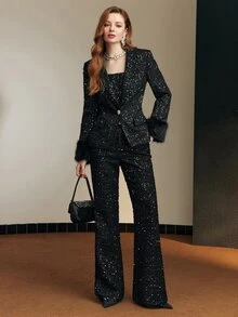 MOTF Tall WOMEN'S TALL AUTUMN/WINTER PARTY SEQUIN TWEED FLARE LEG SUIT PANTS - Black - View 4
