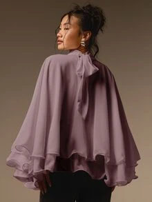 COSMINA 女款休閒優雅純色立領荷葉邊寬鬆雪紡襯衫 - 紫色 - 查看 2