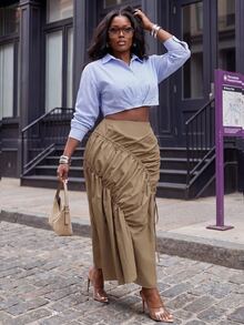 Slaydiva Autumn/Winter Casual Street Khaki Asymmetric Ruched Fishtail Skirt Plus Size - Brown - View 9