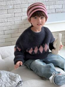 DAZY Infant/Toddler (Boy) Round Neck Diamond Grid Long Sleeve Autumn/Winter Korean Style Sweater - Grey - View 4