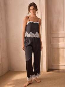 Charlaine Lace Patchwork Faux Silk Camisole & Long Pants Women's Pajama Set - Black - View 7