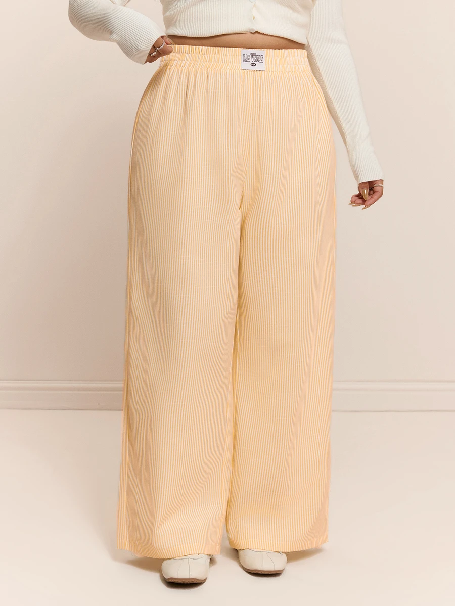 CovetEZ New Yellow Striped Comfortable Cotton Blend Casual Plus Size Wide Leg Pants - Yellow - View 1