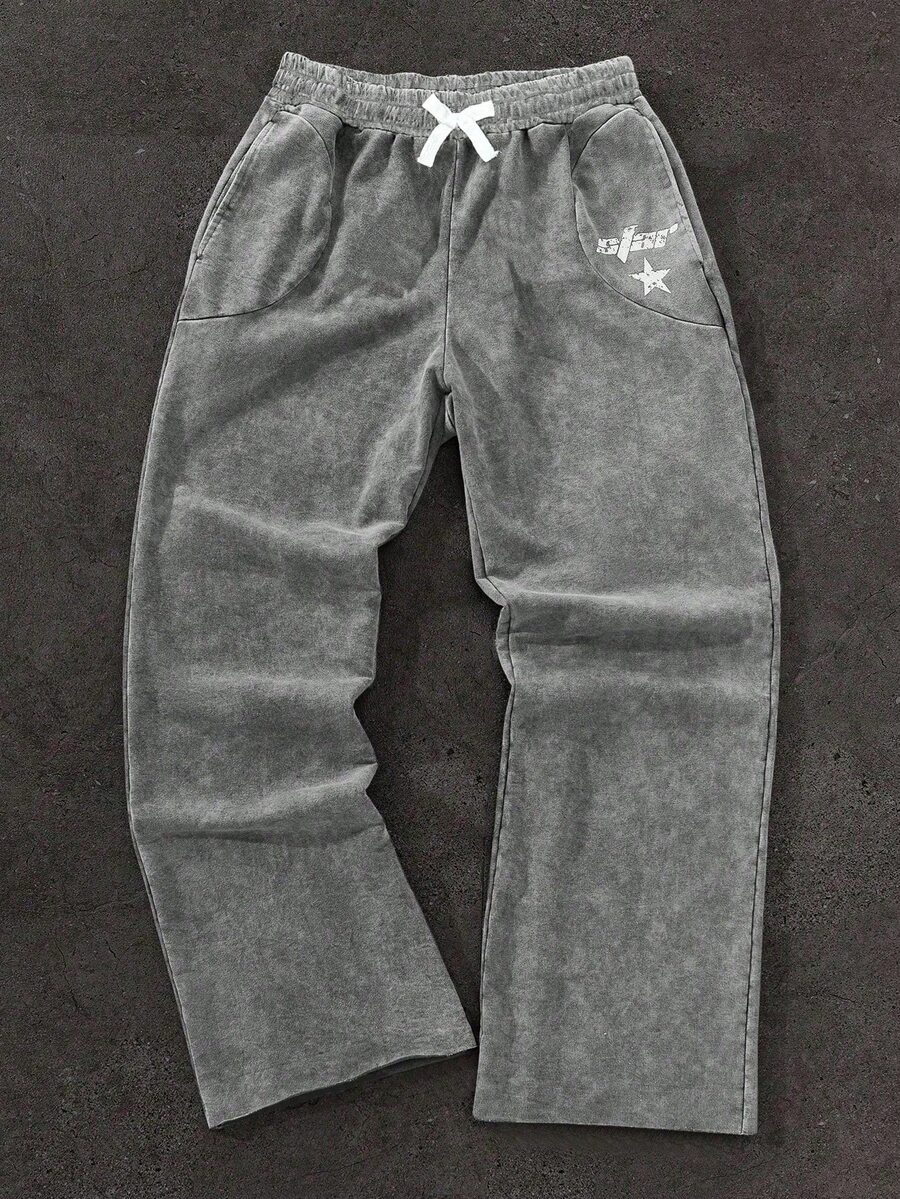SHEIN Kids Tween Boy Casual Daily Versatile Comfortable Grey Washed Distressed Effect Printed Pattern Straight Leg Loose Fit Sweatpants, Suitable For Back To School, Birthday Party, Evening Event, Performance, Wedding, Baptism, Opening Ceremony And Other Occasions, Comfortable For Daily Wear, Suitable For School, Travel, Sports, And All Seasons - Grey - View 1