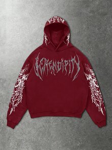 ROMWE MEN Goth 暗黑金屬風骷髏與交叉骨滿版印花街頭風寬鬆連帽衛衣 - 紅色 - 查看 2