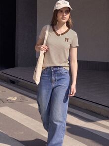 Women's Korean Style Bow Pattern Print Striped Short Sleeve T-Shirt - Coffee Brown - View 3