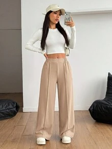 SHEIN PETITE بنطال أسود Y2k بلون موحد وساق واسعة بنطال رسمي للخريف والشتاء مطابقة - كاكي - مشاهدة 7