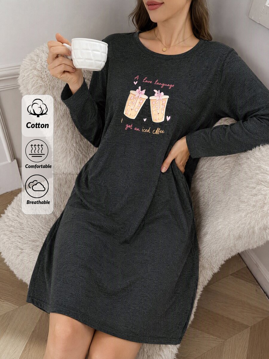 SHEIN Iced Coffee Graphic Grey Casual Relaxed Pajama Set - Grey - View 1