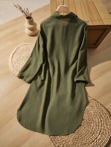 EMERY ROSE Women's Solid Color Single-Breasted Casual Commuter Short Dress - Dark Green - View 2