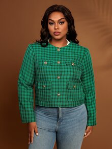 BrightlyHer Plus Size Colorblock Pocket Textured Button Front Round Neck Long Sleeve Jacket Casual Elegant Smart Outerwear Fall Winter 2026 Office Formal Green - Multicolor - View 7
