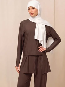 SHEIN With My Calm Dark Brown 2 In 1 Layered Muslim Sports Set, Thumbhole Long Sleeve Top With Drawstring Wide Leg Pants, Middle East Modest Yoga Fitness Outfit - Coffee Brown - View 5