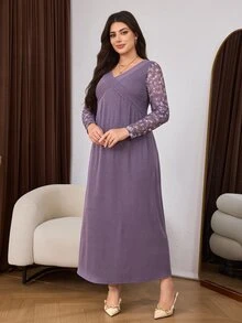 Lacomfia Gaun Wanita Lengan Panjang Model V-Neck Sederhana, Pas Badan, Kasual, untuk Sehari-hari di Rumah, Ukuran Plus - Purple - View 5
