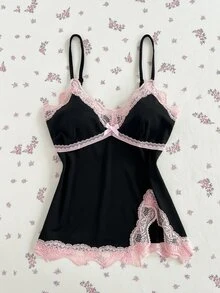 Sunspun Plus Size Summer Elegant Contrast Color Lace Trim Slit Cami Camisole - Black - View 8