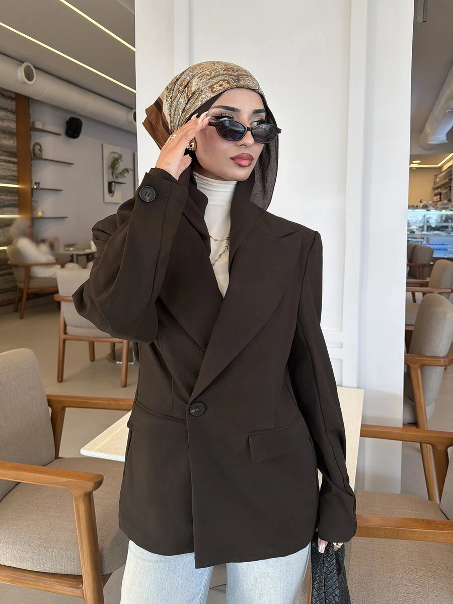 Solavon Women's Solid Color Lapel Neck Long Sleeve Casual Blazer - Coffee Brown - View 1