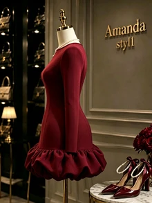 GlowEve Women's Elegant Party Dinner Ruffle Hem Dress Burgundy Winter - Burgundy - View 9