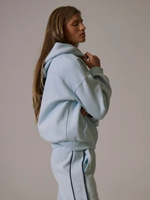 Musera Sport Zip Through Contrast Piped Detail Loose Oversized Fit Hooded Coord Sweatshirt Winter Fall Autumn Active Pilates Gym Workout Motion - Baby Blue - View 3