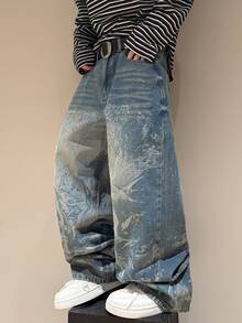 STEELVANCE Street Style Vintage Fashion Versatile Distressed Washed Cat Whisker Ripped Frayed Laser Print Design Loose Straight Leg Wide Leg Casual Everyday Plus Size Denim Jeans (Belt And Accessories Not Included) - Blue - View 6