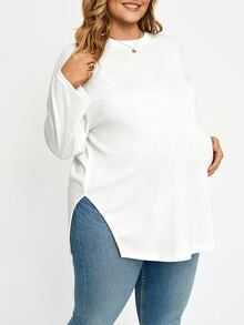 Plussiva 大尺碼孕婦休閒百搭純色側開衩上衣 - 白色 - 查看 8