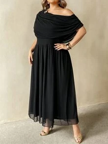 SHEIN CURVE+ New Summer Brown Asymmetrical Shoulder Cowl Neck Metal Buckle Decor Plus Size Cinched Waist Flared Mesh Double Layer Dress/Premium - Black - View 6
