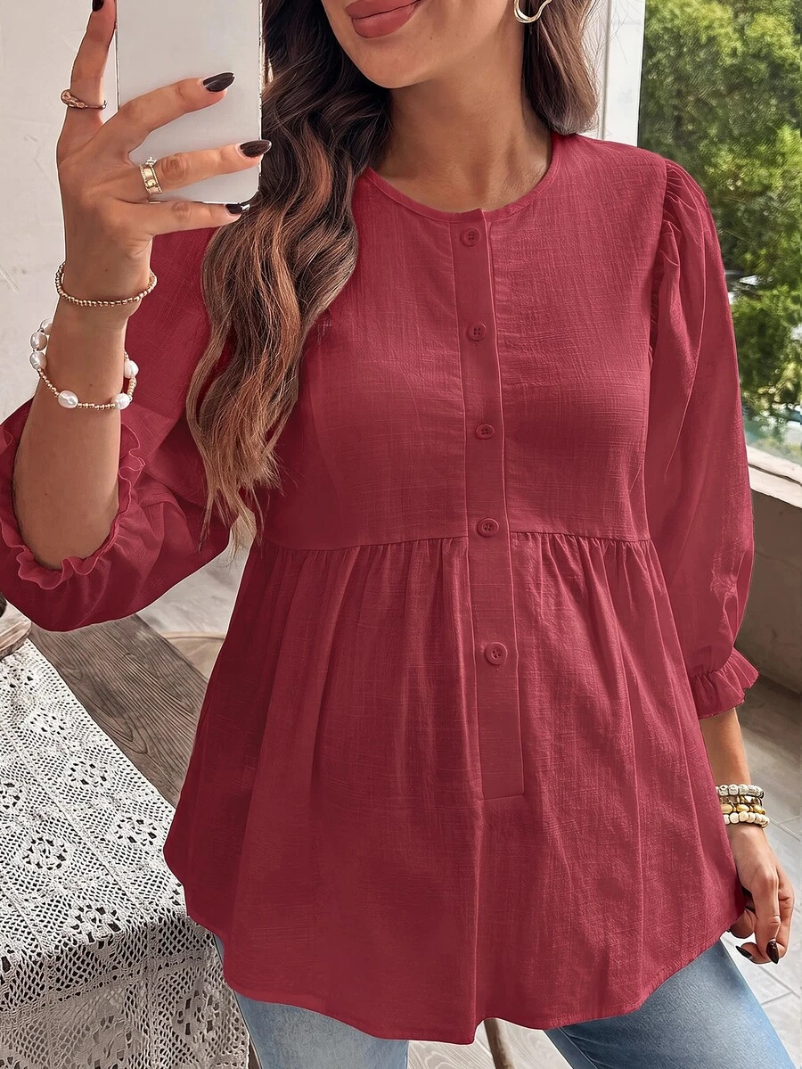 SHEIN 孕婦純色百褶休閒百搭日常穿著上衣 - 紅色 - 查看 1