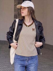 Women's Korean Style Bow Pattern Print Striped Short Sleeve T-Shirt - Coffee Brown - View 4