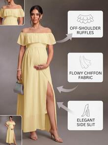 Cheriluna Maternity 優雅露肩荷葉袖側開衩A字雪紡孕婦洋裝 - 黃色 - 查看 8
