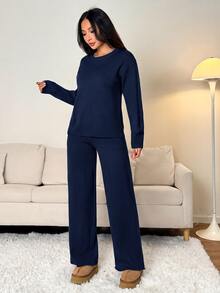 SHEIN PETITE 女款純色圓領長袖毛衣與長褲休閒常規套裝，秋冬款 - 藏蓝色 - 查看 5
