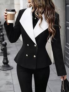 Balvessa Fashionable Vintage Elegant Colorblock Cinched Waist Versatile Travel Overcoat For Women - Multicolor - View 1