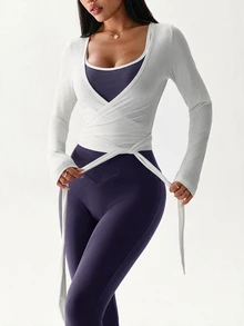 SHEIN Dewbera Women's Wrap Knot Long Sleeve Cropped Top And Leggings Sports Set - Multicolor - View 7