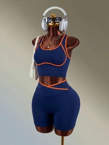 Mistrie 1 Set Navy Blue Orange Contrast Trim Racerback Sports Set, Adjustable Straps, Cross Waist Shorts, Slim Fit, For Yoga Fitness Workout Summer - Navy Blue - View 8