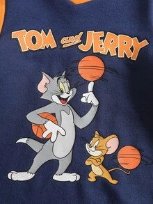 TOM & JERRY X SHEIN Baby Boy Letter Cartoon Print 2 In 1 Short Sleeve Casual Romper - Blue - View 4